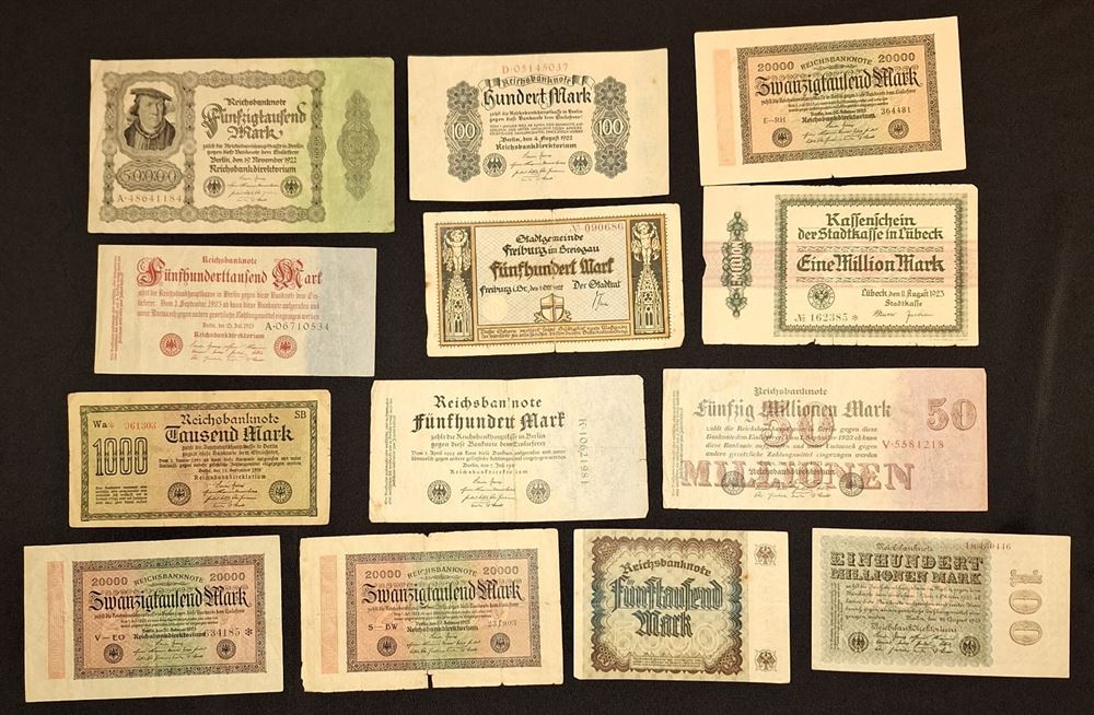 GERMANY INFLATION MONEY 13 different notes from the inter war