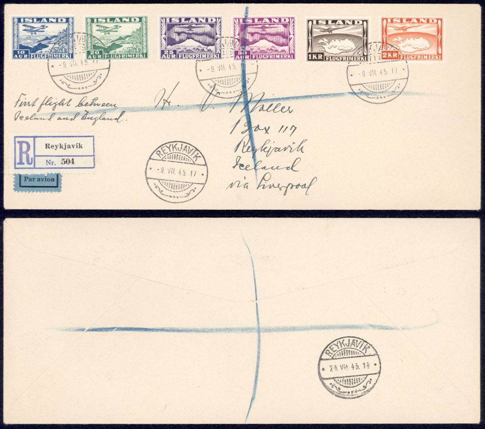 First flight cover between Iceland and England 9 July 1945 sent